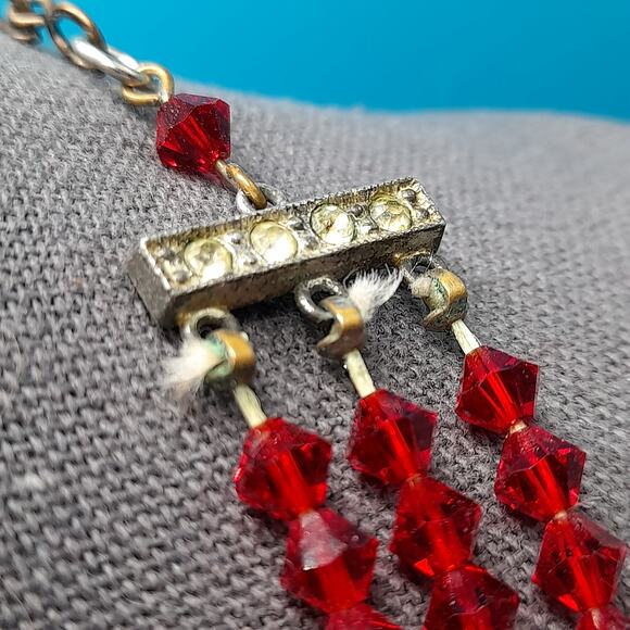 Vintage Red Crystal Beaded Necklace, Rhinestone End Bars, 1950s Vintage Jewelry - Picture 6 of 12